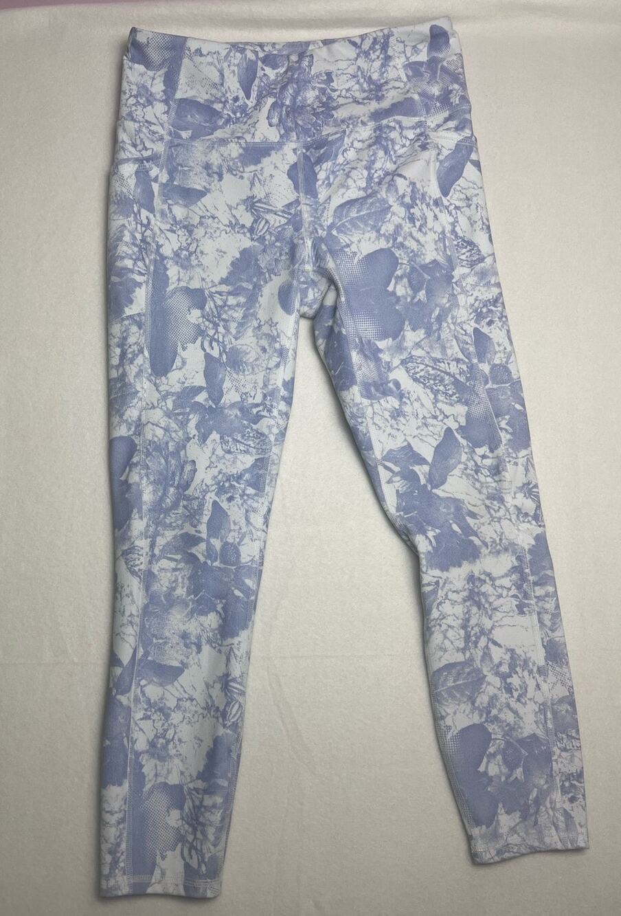 RBX Women's Blue White Floral Leggings Size Large Side Pockets Stretch Active